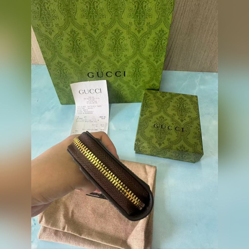 Gucci GG Canvas and Brown Leather Zip Card Holder - Beige/Brown/Green-Red - Picture 3 of 11